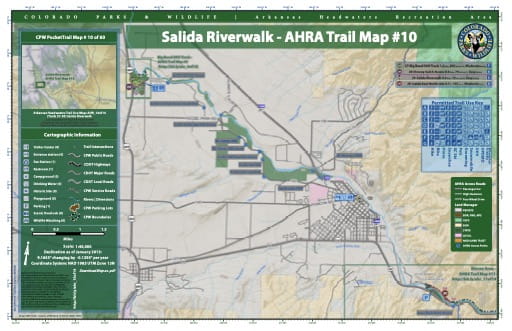 CPW Pocket Trail Map #10: Trails Map of Salida Riverwalk in the Arkansas Headwaters Recreation Area (RA) in Colorado. Published by Colorado Parks & Wildlife.