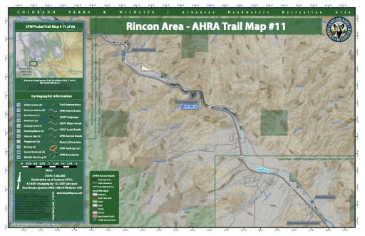 CPW Pocket Trail Map #11: Trails Map of Rincon Area in the Arkansas Headwaters Recreation Area (RA) in Colorado. Published by Colorado Parks & Wildlife.