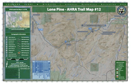 CPW Pocket Trail Map #12: Trails Map of Lone Pine & Vallie Bridge areas in the Arkansas Headwaters Recreation Area (RA) in Colorado. Published by Colorado Parks & Wildlife.