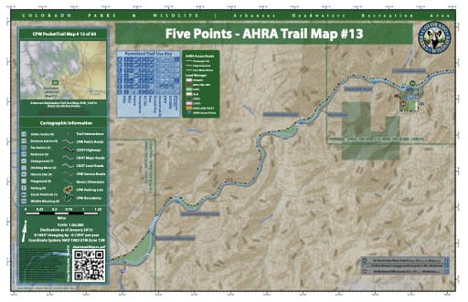 CPW Pocket Trail Map #13: Trails Map of Five Points area in the Arkansas Headwaters Recreation Area (RA) in Colorado. Published by Colorado Parks & Wildlife.