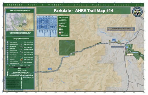 CPW Pocket Trail Map #14: Trails Map of Parkdale day use and river access within the Arkansas Headwaters Recreation Area (RA) in Colorado. Published by Colorado Parks & Wildlife.