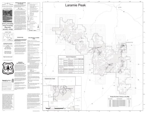 Motor Vehicle Use Map (MVUM) of Laramie Peak in Douglas Ranger District in Medicine Bow National Forest (NF) in Wyoming. Published by the U.S. Forest Service (USFS).