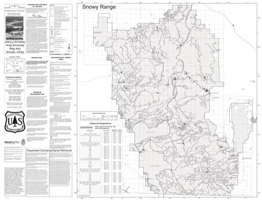 Motor Vehicle Use Map (MVUM) of Snowy Range in Laramie and Brush Creek-Hayden Ranger Districts in Medicine Bow National Forest (NF) in Wyoming. Published by the U.S. Forest Service (USFS).