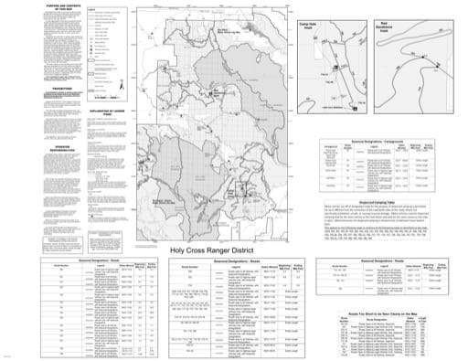 Back side of the Motor Vehicle Use Map (MVUM) of Eagle - Holy Cross Ranger District in White River National Forest (NF) in Colorado. Published by the U.S. Forest Service (USFS).