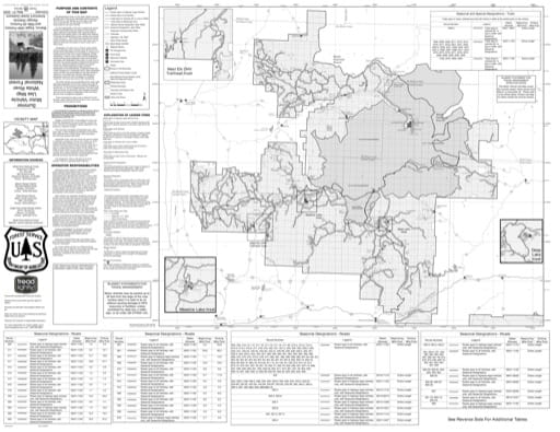 Back side of the Motor Vehicle Use Map (MVUM) of Flat Tops area in White River National Forest (NF) in Colorado. Published by the U.S. Forest Service (USFS).