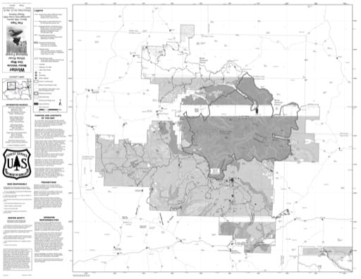 Winter Motor Vehicle Use Map (MVUM) of Flat Tops Ranger District in White River National Forest (NF) in Colorado. Published by the U.S. Forest Service (USFS).