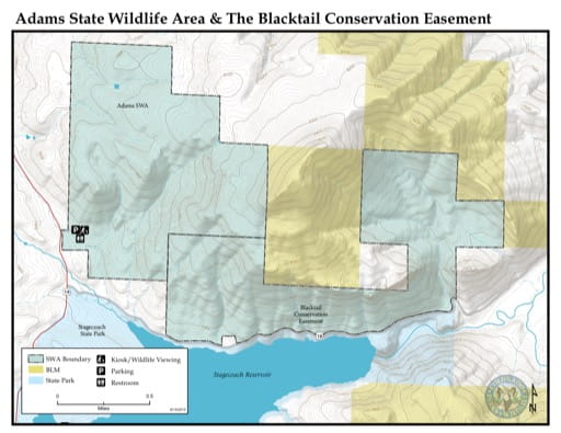 Visitor Map of Adams State Wildlife Area (SWA) and The Blacktail Conservation Easement in Colorado. Published by Colorado Parks & Wildlife.