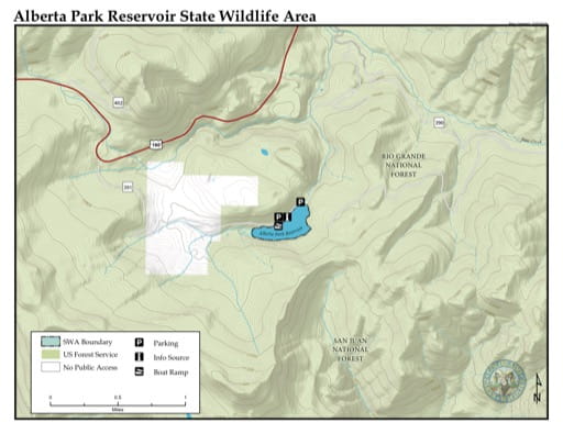 Visitor Map of Alberta Park Reservoir State Wildlife Area (SWA) in Colorado. Published by Colorado Parks & Wildlife.