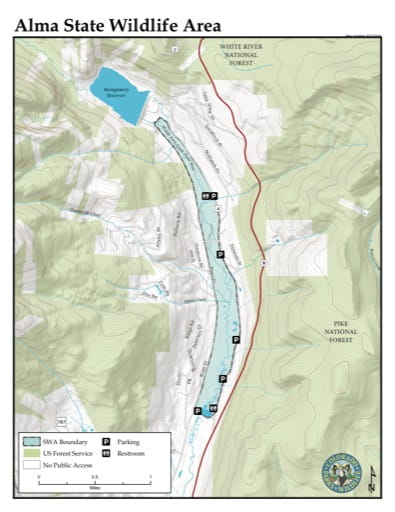 Visitor Map of Alma State Wildlife Area (SWA) in Colorado. Published by Colorado Parks & Wildlife.