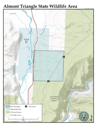 Visitor Map of Almont Triangle State Wildlife Area (SWA) in Colorado. Published by Colorado Parks & Wildlife.
