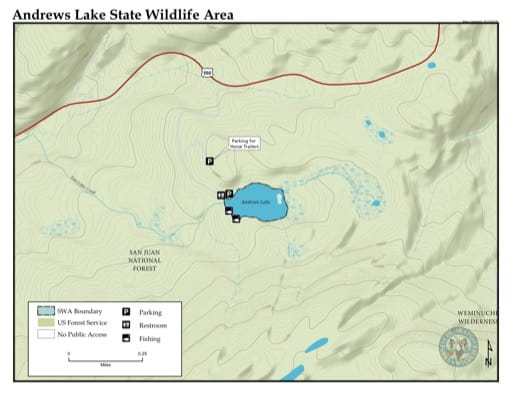 Visitor Map of Andrews Lake State Wildlife Area (SWA) in Colorado. Published by Colorado Parks & Wildlife.