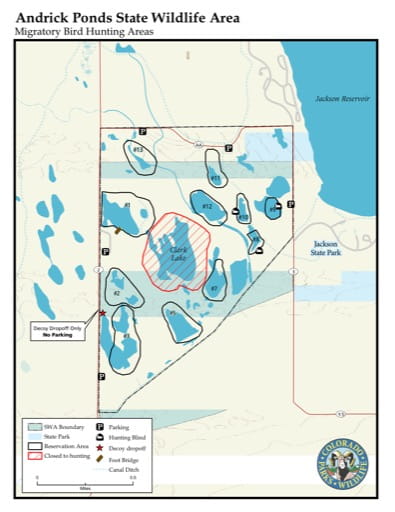 Visitor Map of Andrick Ponds State Wildlife Area (SWA) in Colorado. Published by Colorado Parks & Wildlife.
