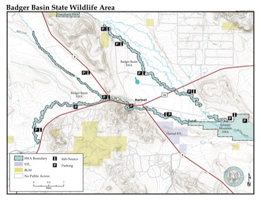Visitor Map of Badger Basin State Wildlife Area (SWA) in Colorado. Published by Colorado Parks & Wildlife.