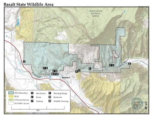 Visitor Map of Basalt State Wildlife Area (SWA) in Colorado. Published by Colorado Parks & Wildlife.