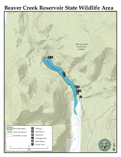 Visitor Map of Beaver Creek Reservoir State Wildlife Area (SWA) in Colorado. Published by Colorado Parks & Wildlife.