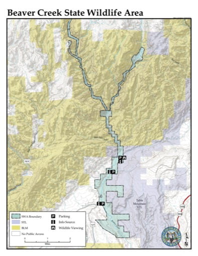 Visitor Map of Beaver Creek State Wildlife Area (SWA) in Colorado. Published by Colorado Parks & Wildlife.