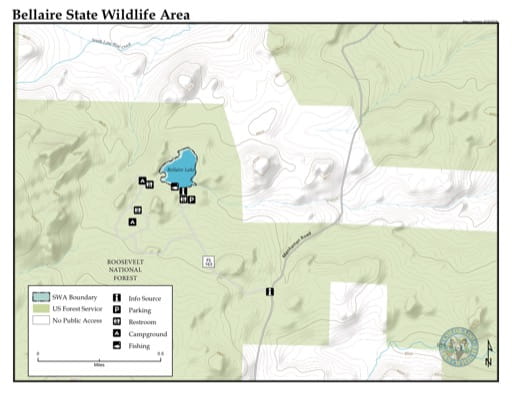 Visitor Map of Bellaire Lake State Wildlife Area (SWA) in Colorado. Published by Colorado Parks & Wildlife.