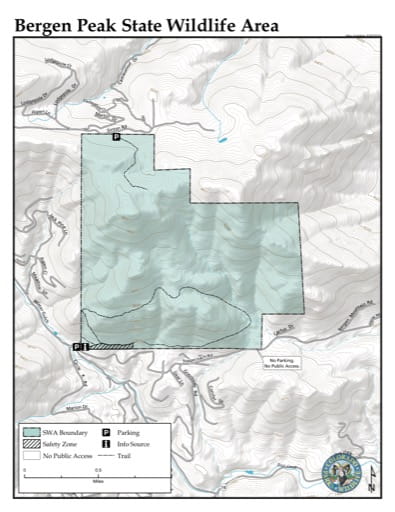 Visitor Map of Bergen Peak State Wildlife Area (SWA) in Colorado. Published by Colorado Parks & Wildlife.