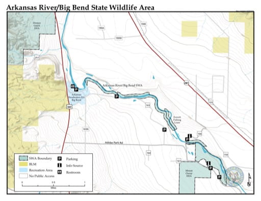 Visitor Map of Big Bend State Wildlife Area (SWA) in Colorado. Published by Colorado Parks & Wildlife.