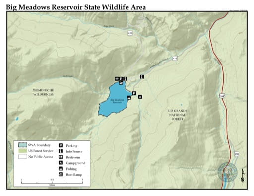 Visitor Map of Big Meadows Reservoir State Wildlife Area (SWA) in Colorado. Published by Colorado Parks & Wildlife.