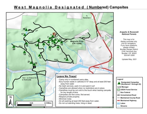 Map of West Magnolia Designated Campsites in Arapaho National Forest (NF) in Colorado. Published by the U.S. Forest Service (USFS).