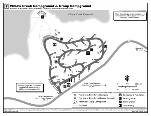 Map of Willow Creek Campground and Group Campground in Arapaho and Roosevelt National Forests (NF), Arapaho National Recreation Area (NRA) in Colorado. Published by the U.S. Forest Service (USFS).