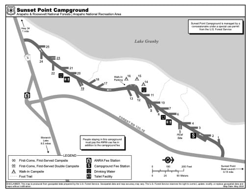 Map of Sunset Point Campground in Arapaho and Roosevelt National Forests (NF), Arapaho National Recreation Area (NRA) in Colorado. Published by the U.S. Forest Service (USFS).