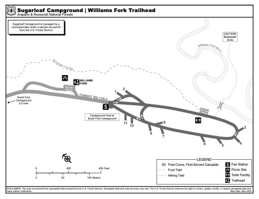 Map of Sugarloaf Campground and Williams Fork Trailhead in Arapaho and Roosevelt National Forests (NF) in Colorado. Published by the U.S. Forest Service (USFS).