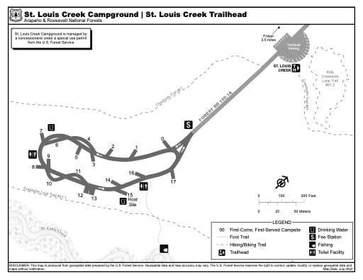 Map of St. Louis Creek Campground and St. Louis Creek Trailhead in Arapaho and Roosevelt National Forests (NF) in Colorado. Published by the U.S. Forest Service (USFS).