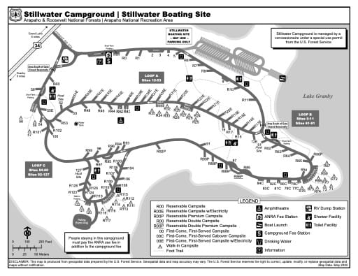 Map of Stillwater Campground and Stillwater Boating Site in Arapaho and Roosevelt National Forests (NF) in Colorado. Published by the U.S. Forest Service (USFS).