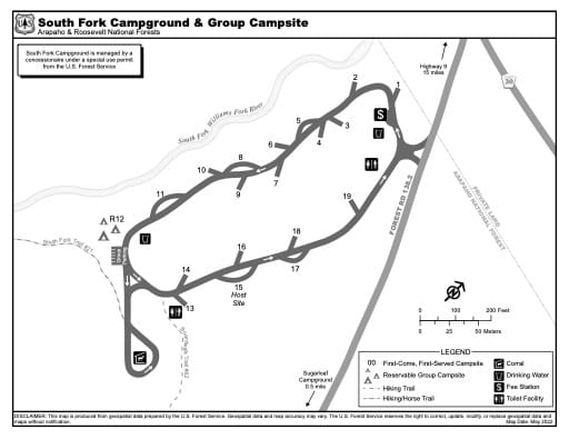 Map of South Fork Campground and Group Campsite in Arapaho and Roosevelt National Forests (NF) in Colorado. Published by the U.S. Forest Service (USFS).