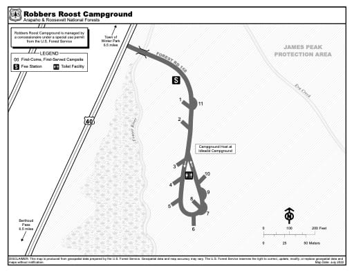 Map of Robbers Roost Campground in Arapaho and Roosevelt National Forests (NF) in Colorado. Published by the U.S. Forest Service (USFS).