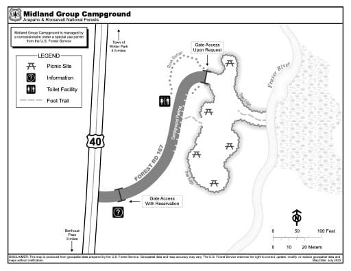 Map of Midland Group Campground in Arapaho and Roosevelt National Forests (NF) in Colorado. Published by the U.S. Forest Service (USFS).