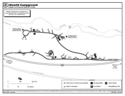 Map of Idlewild Campground in Arapaho and Roosevelt National Forests (NF) in Colorado. Published by the U.S. Forest Service (USFS).