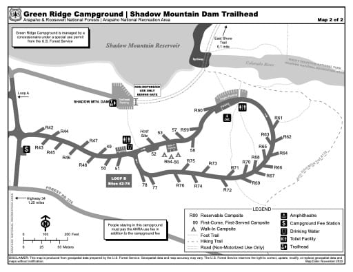 Map of Green Ridge Campground and Shadow Mountain Dam Trailhead in Arapaho and Roosevelt National Forests (NF) in Colorado. Published by the U.S. Forest Service (USFS).