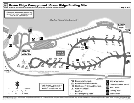 Map of Green Ridge Campground and Green Ridge Boating Site in Arapaho and Roosevelt National Forests (NF) in Colorado. Published by the U.S. Forest Service (USFS).