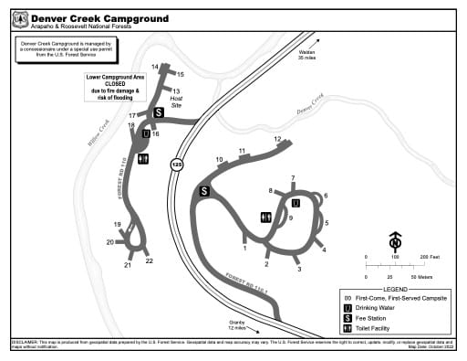 Map of Denver Creek Campground in Arapaho and Roosevelt National Forests (NF) in Colorado. Published by the U.S. Forest Service (USFS).