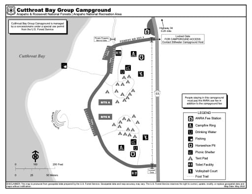 Map of Cutthroat Bay Group Campground in Arapaho and Roosevelt National Forests (NF), Arapaho National Recreation Area (NRA) in Colorado. Published by the U.S. Forest Service (USFS).