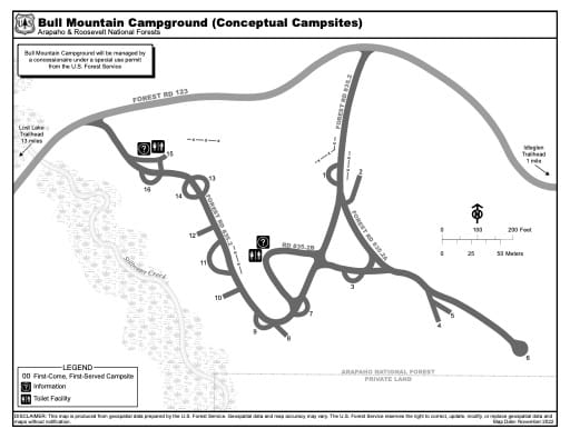 Map of Bull Mountain Campground in Arapaho and Roosevelt National Forests (NF) in Colorado. Published by the U.S. Forest Service (USFS).