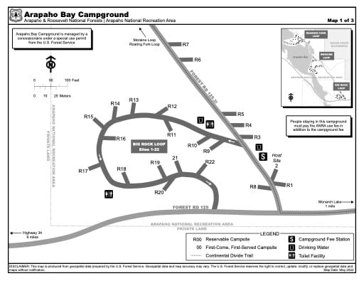 Map of Arapaho Bay Campground - Big Rock Loop in Arapaho and Roosevelt National Forests (NF) and Arapaho National Recreation Area (NRA). Published by the U.S. Forest Service (USFS).