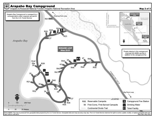 Map of Arapaho Bay Campground - Moraine Loop in Arapaho and Roosevelt National Forests (NF) and Arapaho National Recreation Area (NRA). Published by the U.S. Forest Service (USFS).