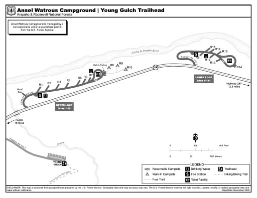 Map of Ansel Watrous Campground and Young Gulch Trailhead in Arapaho and Roosevelt National Forests (NF) in Colorado. Published by the U.S. Forest Service (USFS).