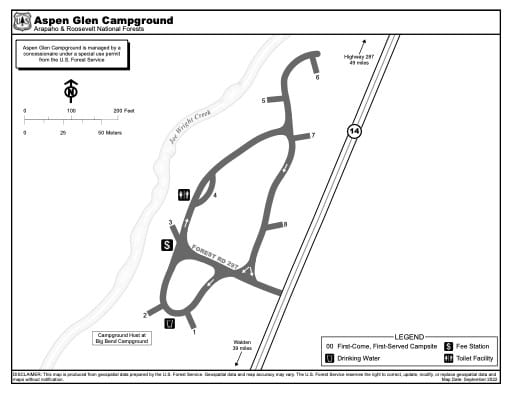 Map of Aspen Glen Campground in Arapaho and Roosevelt National Forests (NF) in Colorado. Published by the U.S. Forest Service (USFS).