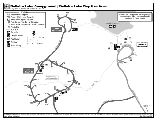 Map of Bellaire Lake Campground and Bellaire Lake Day Use Area in Arapaho and Roosevelt National Forests (NF) in Colorado. Published by the U.S. Forest Service (USFS).