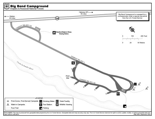 Map of Big Bend Campground in Arapaho and Roosevelt National Forests (NF) in Colorado. Published by the U.S. Forest Service (USFS).