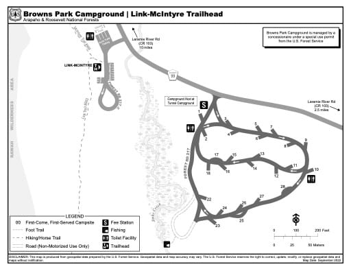 Map of Browns Park Campground and Link-McIntyre Trailhead in Arapaho and Roosevelt National Forests (NF) in Colorado. Published by the U.S. Forest Service (USFS).