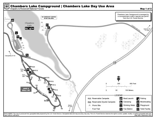 Map of Chambers Lake Campground and Chambers Lake Day Use Area in Arapaho and Roosevelt National Forests (NF) in Colorado. Published by the U.S. Forest Service (USFS).