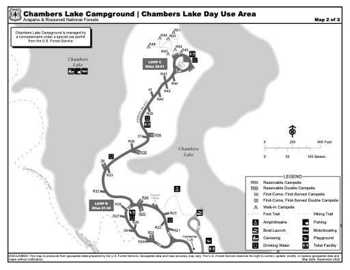 Map of Chambers Lake Campground and Chambers Lake Day Use Area in Arapaho and Roosevelt National Forests (NF) in Colorado. Published by the U.S. Forest Service (USFS).