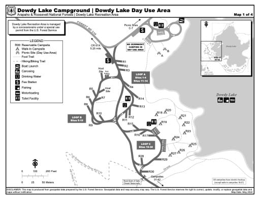 Map of Dowdy Lake Campground and Dowdy Lake Day Use Area - Loops A, B, C - in Arapaho and Roosevelt National Forests (NF) and Dowdy Lake Recreation Area (RA) in Colorado. Published by the U.S. Forest Service (USFS).