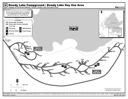 Map of Dowdy Lake Campground and Dowdy Lake Day Use Area - Loops D, E - in Arapaho and Roosevelt National Forests (NF) and Dowdy Lake Recreation Area (RA) in Colorado. Published by the U.S. Forest Service (USFS).